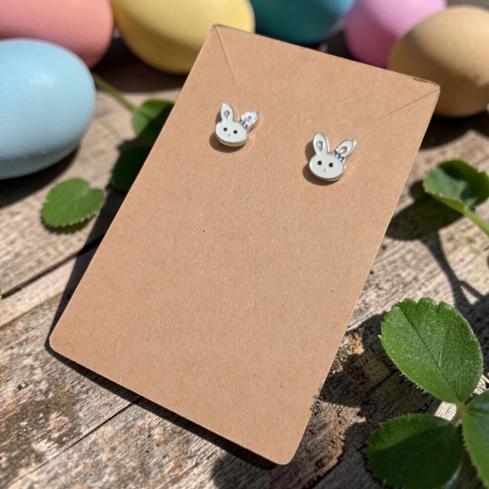 Easter Bunny Stud Earrings, White Rabbit Enamel, Cute Spring Jewelry Gift - Picture 4 of 6